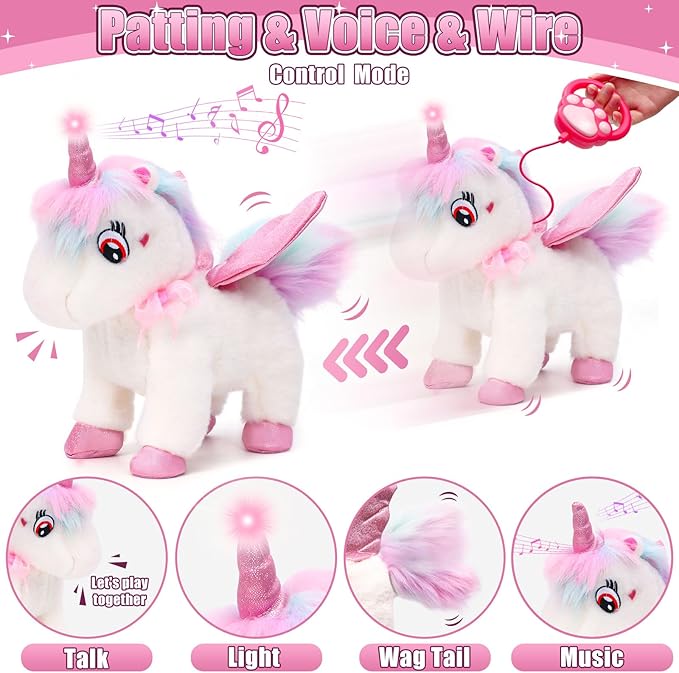 Walking Talking Remote Control Unicorn Toy for Girl Age 4-6, Electronic Interactive Plush Unicorn with Leash & Costume, Pretend Play Pet Care Toy Birthday Gift for Toddler Kid Girl Age 3 4 5 6 7