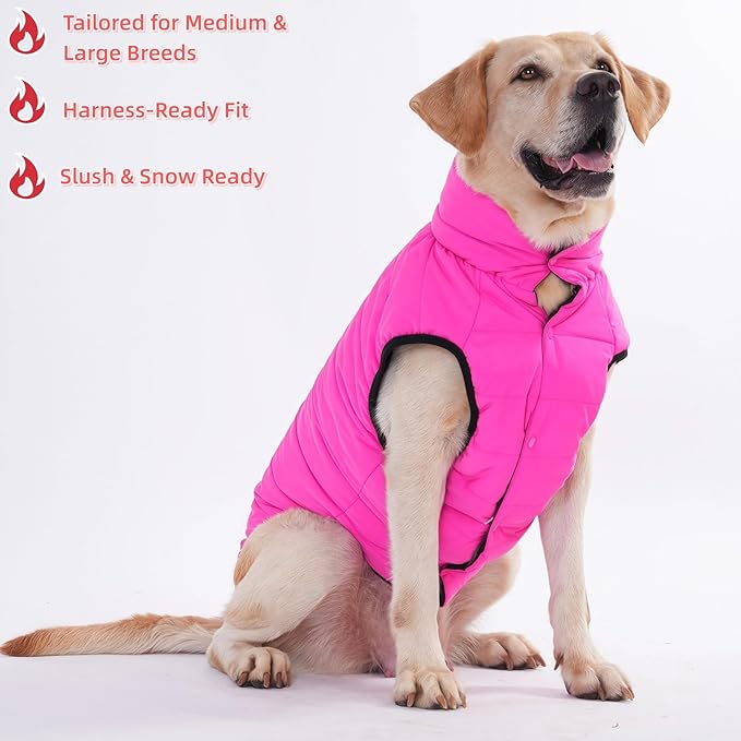 LovinPet Reversible Dog Puffer Coat for Medium & Large Dogs, Down‑Insulated Winter Jacket, Water‑Resistant & Wind‑Resistant, Anti‑Static, Dual-Sided Pink & Black for Cold Weather,2XL