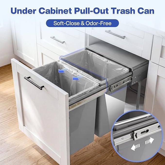 Double Pull Out Trash Can for Under Kitchen Cabinets 44 Qt with Soft-Close Slides, Under Sink Garbage Waste Recycling Bin with Lid for Cabinet, Gray