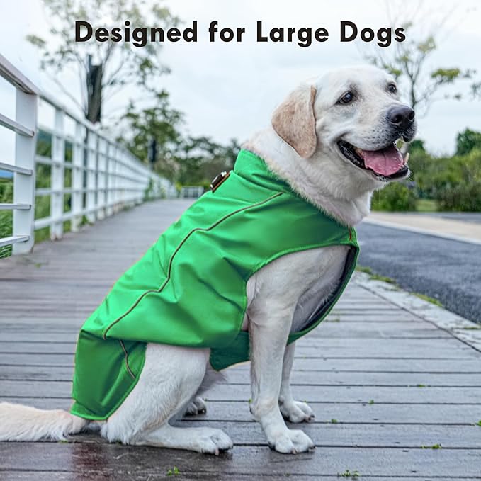 Outdoor Waterproof Dog Jacket for Large Dogs,Doggie Coats with Harness Buitl in D-Ring Warm Fleece Dog Clothes for Cold Winter,Green 3XL