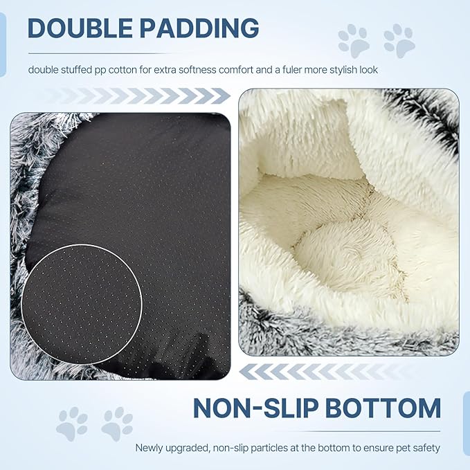 Cat Beds for Indoor Cats,Plush Hooded Cat Cave for Puppy Kitty Small Dog Bed,Removable Washable Non-Slip Bottom Self Warming Round Fluffy Faux Fur Super Soft Calming Sleeping Pet Bed(Gray)
