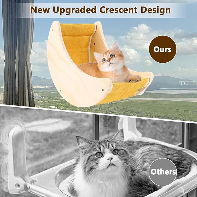 Window Cat Bed, Suction Cup Cat Window Perch for Large Cats, Moon Shelves Cat Hammock for Window, Wall Mounted Solid Wood Cat Bed for Sleep Watch Birds Sunbathing, Holds 50 Pounds