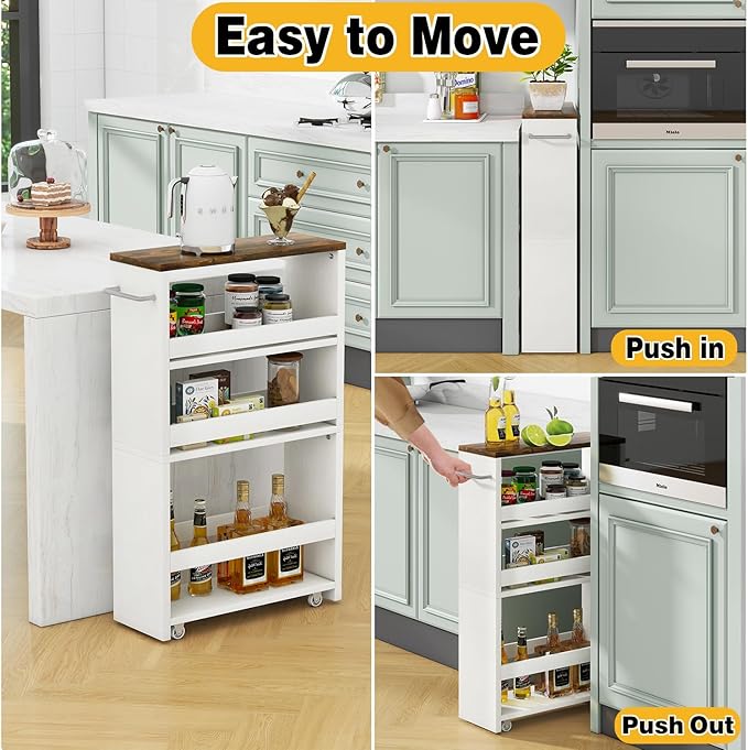 IBUYKE Slim Storage Cart 5.9" W, Rolling Organizer Trolley for Small Spaces, 4-Tier Laundry Cart with Handle, Slide Out Utility Cart for Kitchen, Living Room, Laundry,Narrow Places,White WST005W