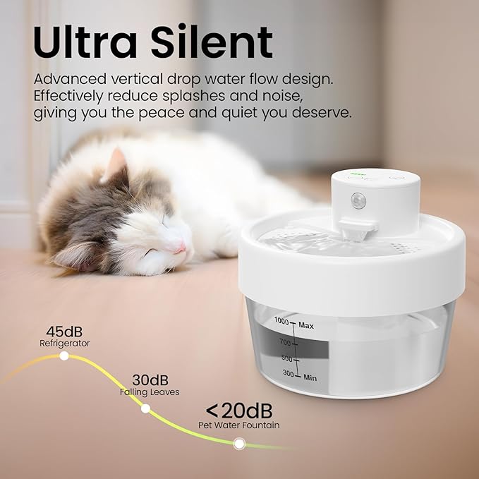 MASBRILL Cat Water Fountain, Battery Operated Water Fountains for Cats Indoor - 1L Wireless & Automatic Cat Water Dispenser - Pet Drinking Fountain with Filter/Motion Sensor/Silent Pump