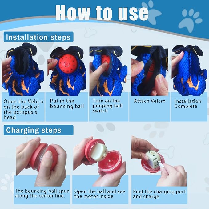Octopus Dog Toy-Automatic Bouncing Ball, Moving Chew Toy with Bouncing Ball, Interactive Dog Toys for Small and Large Dogs, Automatic Moving Dog Ball Toys, Squeaky Tug of War Dog Toy to Keep Them Busy