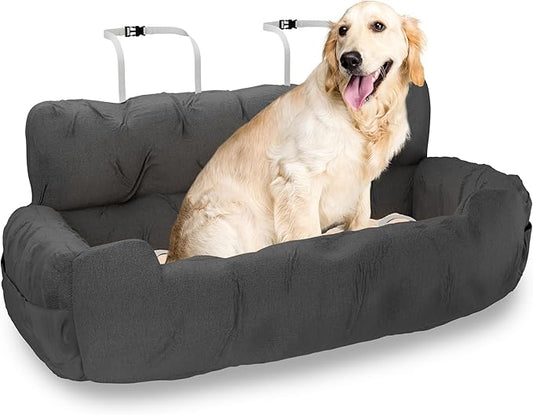 Dog Car Seat, Pet Booster Seat, Adjustable Straps, 2 Safety Leashes, Reversible Cushion, Side Pockets, Non-Slip Bottom (Gray, Small to Medium Dogs)