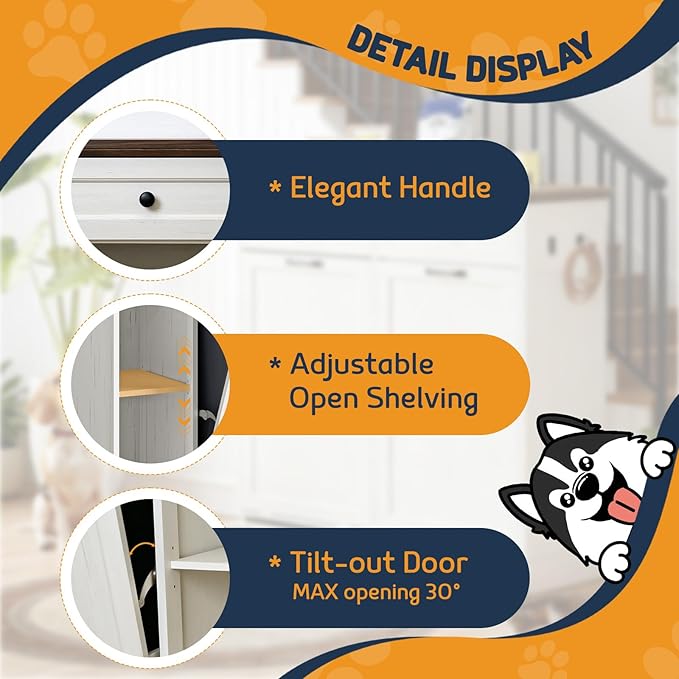 Double Tilt Out Trash Can Cabinet with Dog Bowl, 2 * 13 Gallons Dog Food Storage Cabinet, Hidden Trash Can Cabinet with Hideaway Drawer for Kitchen, Living Room (White, Double Door)