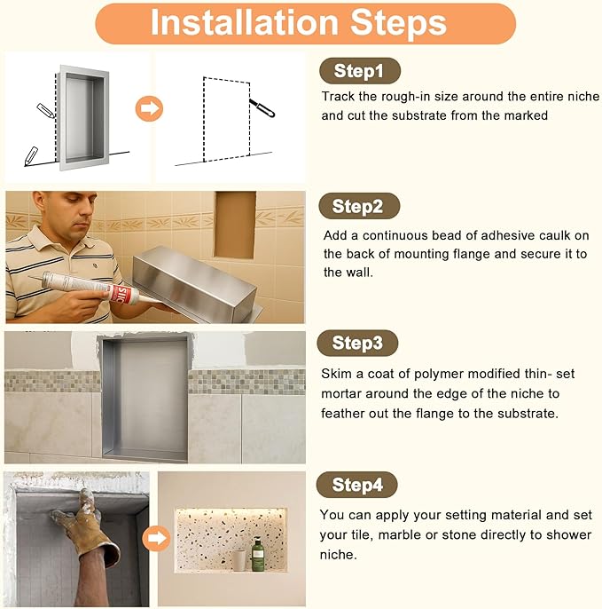 Suteck Shower Niche, 12"x24" Ready for Tile, Stainless Steel Recessed Shelf Niches for Showers, Single Niche for Bedroom, Living Room, Bathroom Storage