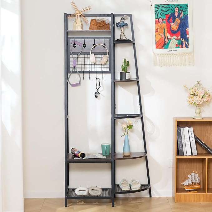 DOEWORKS Entryway Hall Tree with Storage Shelves, Freestanding Industrial Storage Rack Organizer Tower with Hooks, Rustic Brown