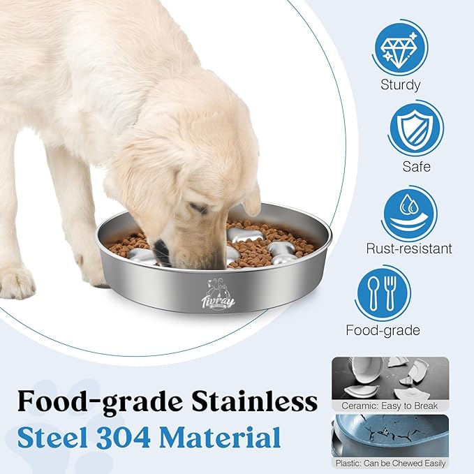Slow Feeder Dog Bowls, 304 Stainless Steel Slow Feeder Bowl 5 Cups Metal Pet Food Bowl with Non-Slip Base for Medium & Large Breed, Bloat Stop, Dishwasher Safe