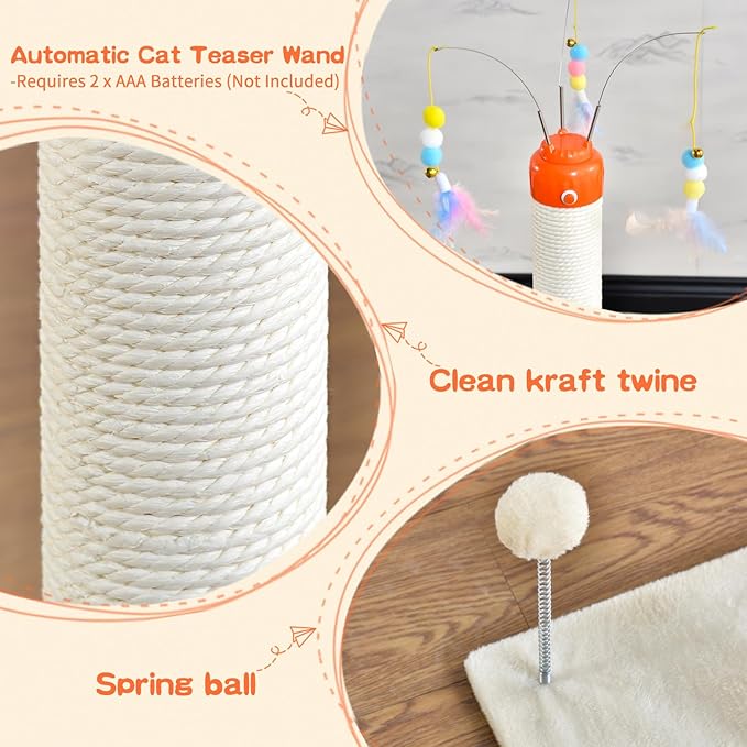 Cat Scratching Post ，41.3" Sisal Rope Cat Scratcher Tall Scratching Post for Indoor Cats Adult with Interactive Cat Toys Automatic Teaser Wand and Rotating Hanging Balls
