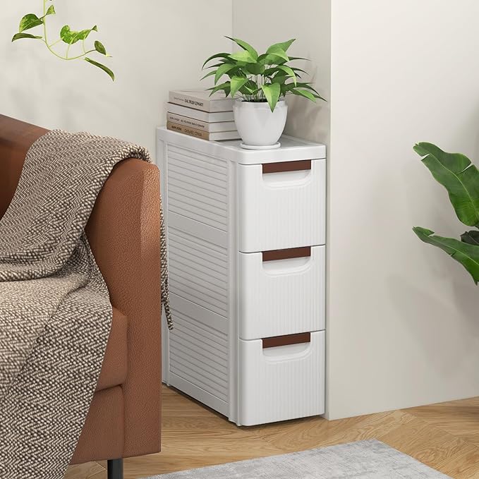 POWERSTONE 3-Drawer Plastic Rolling Storage Cabinet, Narrow Organizer Cart with 4 Wheels, Space-Saving Slim Mobile Utility Cart for Bedroom, Bathroom, Office & Classroom