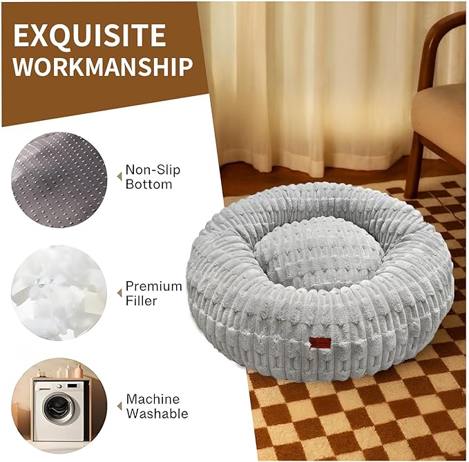 ShinHye Dog Bed for Small Dogs & Cats, Washable Calming Round Pet Bed with Non-Slip Bottom, Soft Indoor Puppy Bed(ZJ-Grey-23x23)