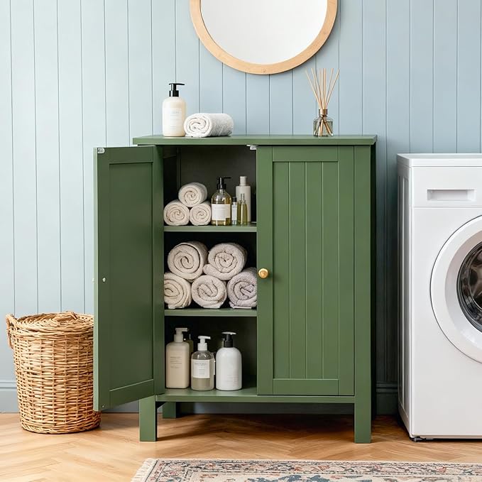 Karl home Freestanding Bathroom Floor Storage Cabinet, Narrow Slim Bathroom Storage Cabinet with 2 Doors and Interior Shelves, Forest Green