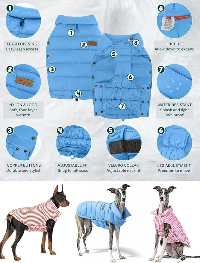 SPACE LION Dog Puffer Jacket, Down Winter Coat, Durable Outdoor Coat for Cold and Windy Conditions, Lightweight & Adjustable Fit Coats for Small Dogs, (Alaskan Blue, Size 10 Gift Box)