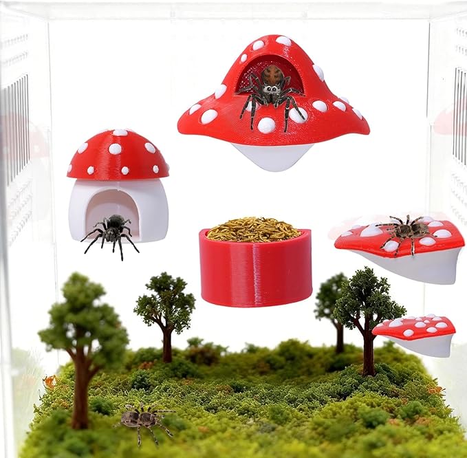 9 Pcs 3D Jumping Spider Enclosure Accessories Set, Red Magnetic Jumping Spider Mushroom Platforms, Climbing Net Trunk Hideouts for Small Pets Terrarium Decor