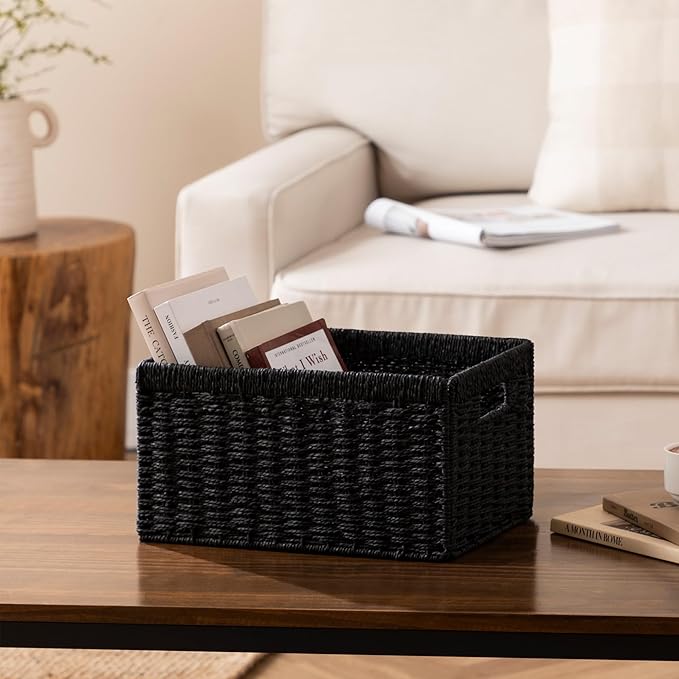 joybest Black Wicker Baskets, 13.4L x 8.3W x 7.1H inch Woven Paper Rope Storage Baskets for Organizing, Foldable Rectangular Bin with Handles for Pantry, 2-pack