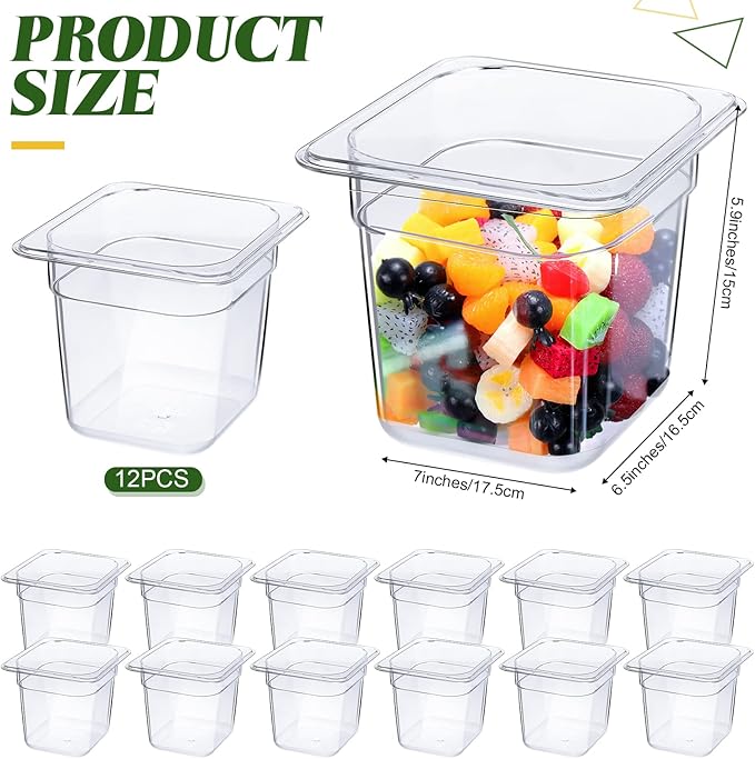Yinder 12 Pcs Plastic Clear Food Pans 1/6 Size Stackable Polycarbonate Food Containers with Capacity Indicator Restaurant Commercial Hotel Pan for Fruits Vegetables Beans Corns (6'' Deep)
