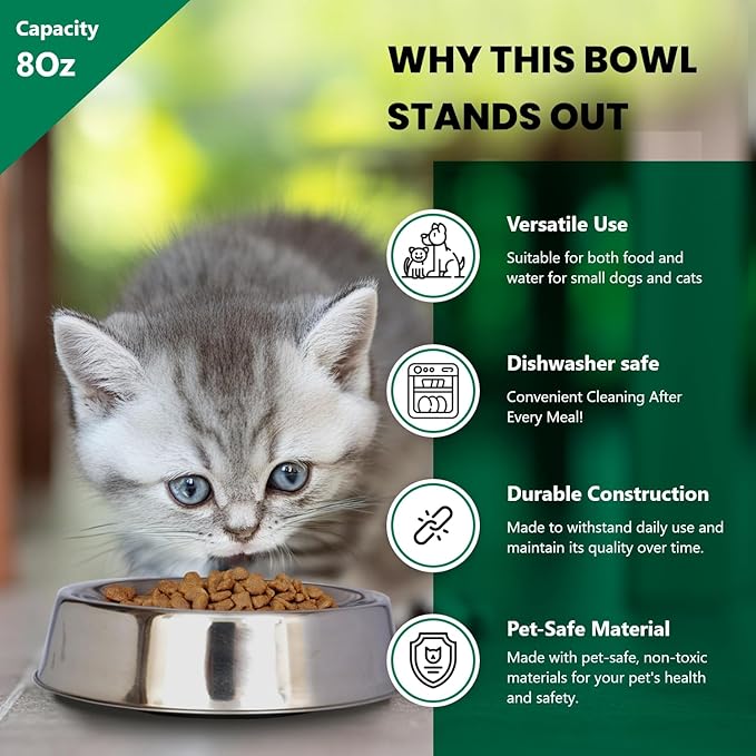 Iconic Pet Stainless Steel Non Skid Pet Bowl for Dog or Cat with Raised Rim Dishwasher Safe Pet Food and Water Bowl in Varying Sizes (8 Oz)