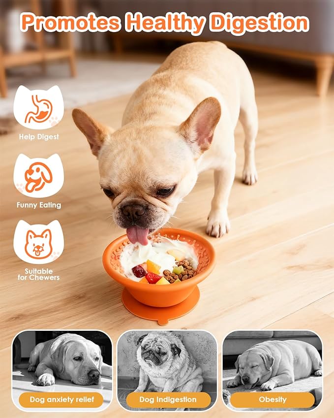 Dog Slow Feeder Lick Bowl to Prevent Fast Eating, Steel Reinforced Rim, Non-Slip Suction Base, BPA-Free Silicone, Dishwasher & Freezer Safe, Helps Extend Mealtime & Keep Dogs Calm(Orange)