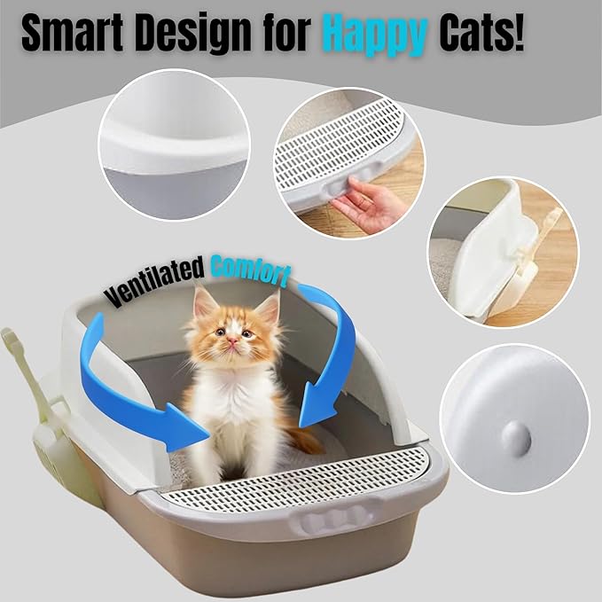 Large Open-Top Cat Litter Box with High Sides, Enclosed Scatter Shield Design, Easy Clean Plastic Litter Pan, Includes Scoop (Grey)