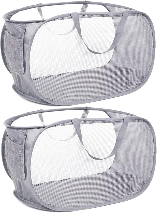 Durable Collapsible Laundry Baskets, Mesh Pop Up Laundry Hamper with Side Pocket, Foldable Clothes Hamper with Reinforced Carry Handles for Laundry, Bathroom, Kids Room, Dorm or Travel 2 Pack Grey