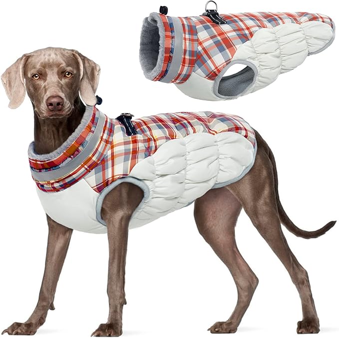 FUAMEY Dog Coat for Large Dogs,Waterproof Dog Winter Jacket with Harness Built in Puppy Cold Weather Coats Reflective Pet Vest with Zipper Warm Fleece Dogs Snowsuit Windproof Red Plaid XXL