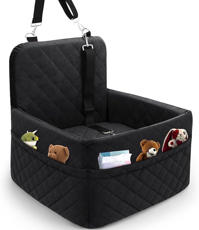 Dog Car Seat for Small/Medium Dogs,Pet Dog Booster Car Seat Puppy 15-35 lbs with Soft 4+2in Detachable Pads Detachable Elevated Cushion and Washable Cover Safety Belt Storage Pockets Easy to Install