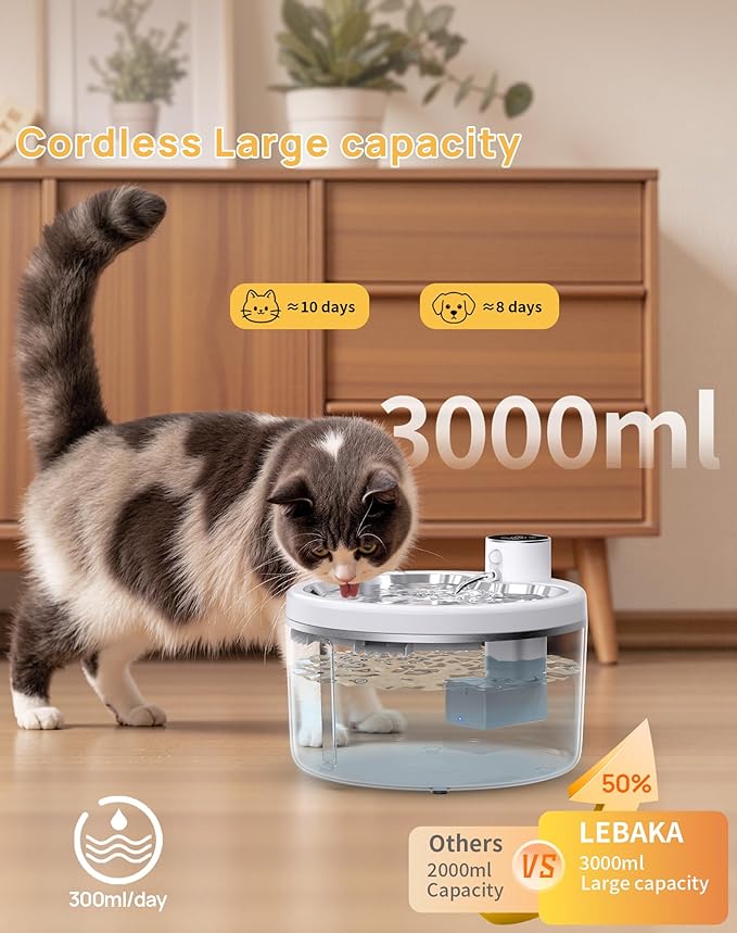 Wireless Cat Water Fountain with Stainless Steel Tray, 102oz/3L Pet Water Fountain for Cats Inside, Cat Fountain for Drinking with Motion Sensor, Ultra Quiet Pump, Cats & Dogs Gifts -2Filters