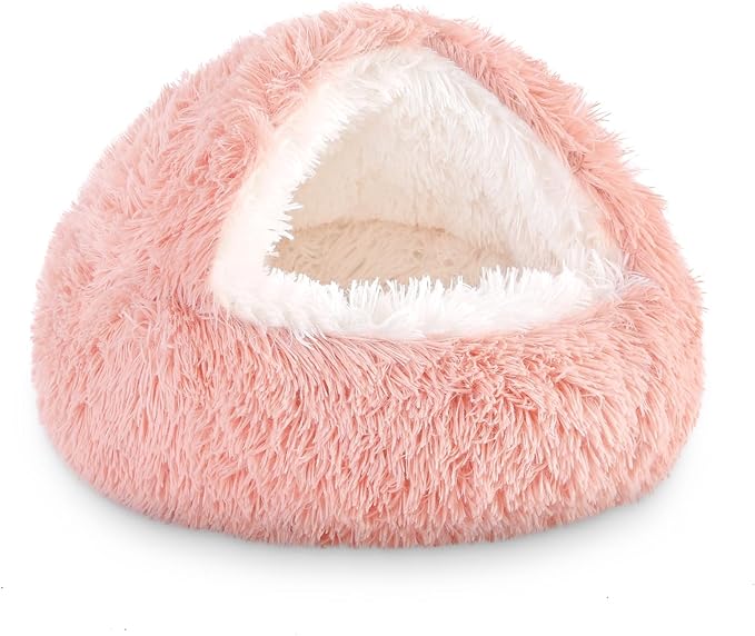 NOYAL Round Hooded Donut Dog Bed for Small & Medium Pets - Plush Fluffy Anti-Anxiety Cat Cave Bed with Cover