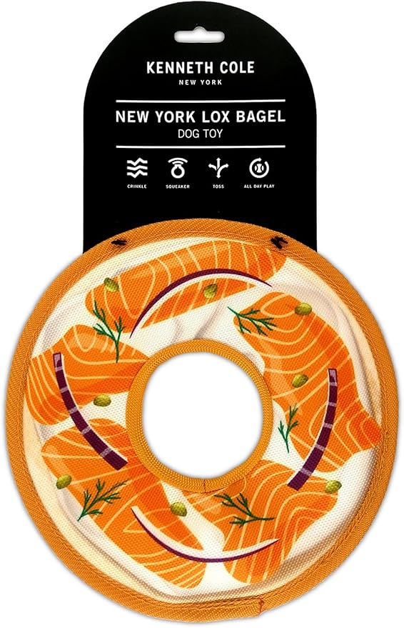 Kenneth Cole Stuffing-Free Durable New York Bagel Dog Toy – Chew-Resistant Nylon, Squeaker, Crinkle, and All-Day Play