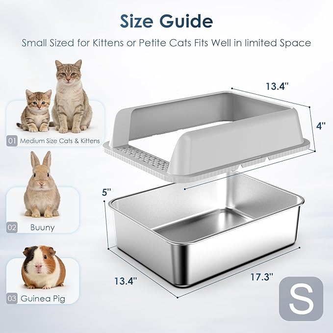 Stainless Steel Litter Box with Lid, 17.3”×13.4”×9" Kitty Litter Box for Kittens & Small Pets, High Sides Metal Cat Litter Box for Leak Proof, Easy to Clean, Non-Stick, Odor Control