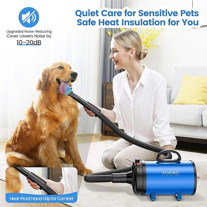 Dog Dryer, 5.2HP/3800W High Velocity Dog Hair Dryer with 4 Nozzles, Stepless Adjustable Speed & Temperature Control, Low Noise Professional Grooming Dryer (Blue)