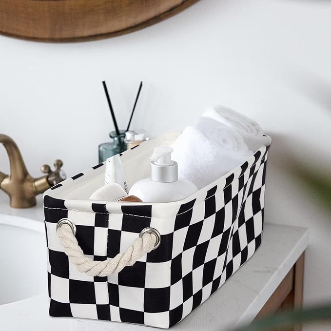 3PC Small Checked Storage Baskets 15x6x5 inch Narrow Toliet Storage Bins with Handles for Papers Closet,Cabinet,Countertop Organizing Small Items (Black)