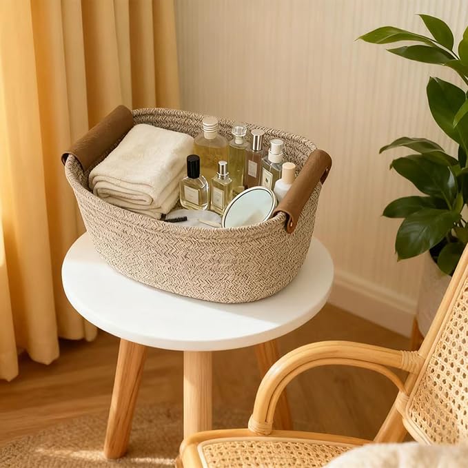 SVNR Brown Storage Baskets Set of 5, Woven Rope Shelf Bins for Organizing - Durable Cube Organizers for Closet, Nursery, Bedroom, Toy Storage with Handles, Modern Home Decor
