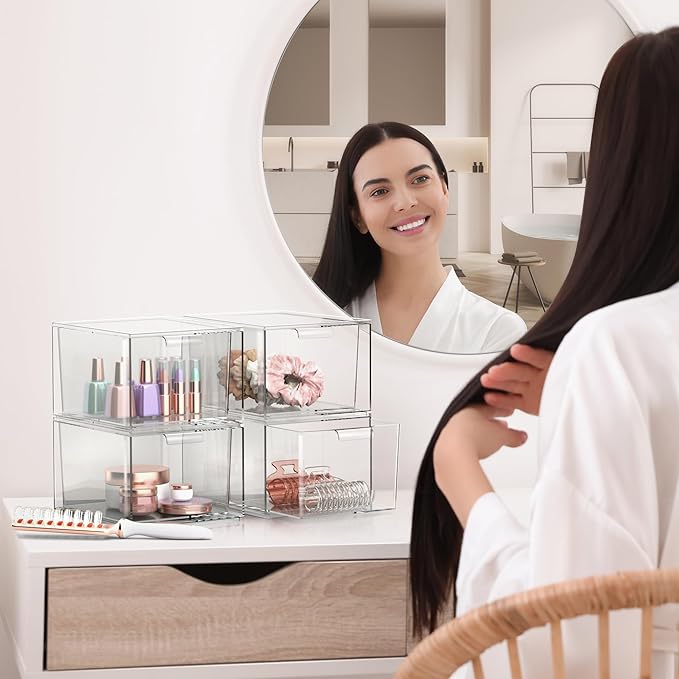 Sorbus Stackable Acrylic Drawers - Clear Make Up Organizers for Vanity - 6 Plastic Storage Bins for Room Decor, Bathroom Organization and Storage, Office Supplies, Makeup Drawer Organizer, Undersink