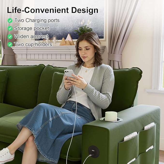 116" Modular Sectional Sofa, U Shaped Cloud Couch with Movable Ottoman, Chenille Deep Seat Cloud Sofa with Charging Station, Cup Holder, Side Pocket, Sectional Couches for Living Room, Green