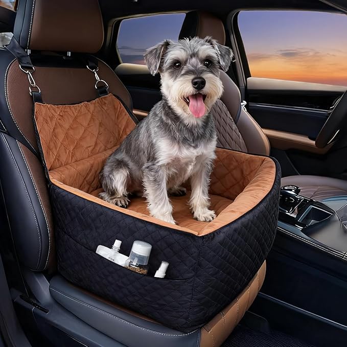 Memory Foam Dog Car Seat for Small/Medium Dogs,Travel Booster Seat for Dogs up to 35 lbs, Washable Removable Cover & Storage Pockets, Comfortable & Safe Car Seat for Pet Travel