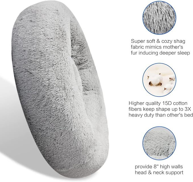 SAVFOX 45 inches Calming Donut Dog Bed - 3X Durable Plush Faux Fur, Machine Washable & Non-Slip, Fits up to 150 lbs, Light Grey