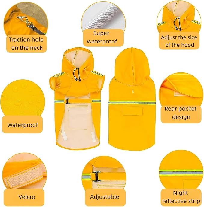 Reflective Strip Dog Raincoat, Ultra - Light Breathable Waterproof Rain Jacket with Hood, Adjustable Sizes for Small/Medium/Large Dogs, (XL)