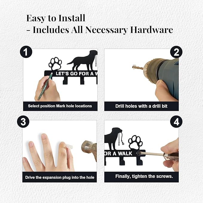Dog Leash Holder for Wall, Key Holder Mount with 5 Metal Hooks, Pet Leash and Key Organizer, Screw Mounted Rack for Leashes Keys Collars, Entryway Garage Mudroom