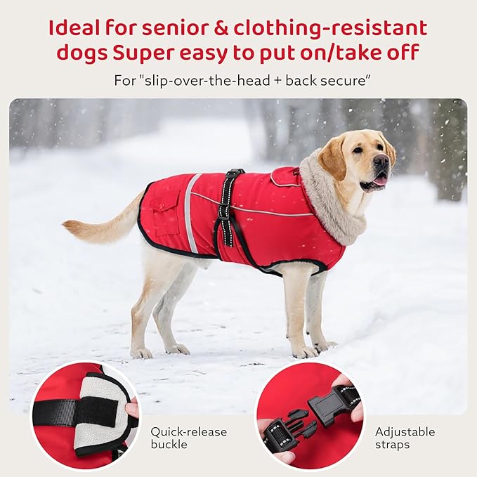 Dog Winter Coat Jacket Waterproof for XL Large Dogs, Reflective Pet Vest Warm Fleece Cozy for Cold Weather, Dogs Snowsuit Windproof, Adjustable Buckle