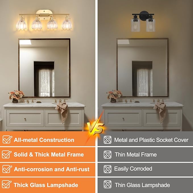 Bathroom Light Fixtures, 4-Light Brass Vanity Wall Light Over Mirror with Clear Tulip Glass Shade for Bedroom Living Room (Bulb Not Included)