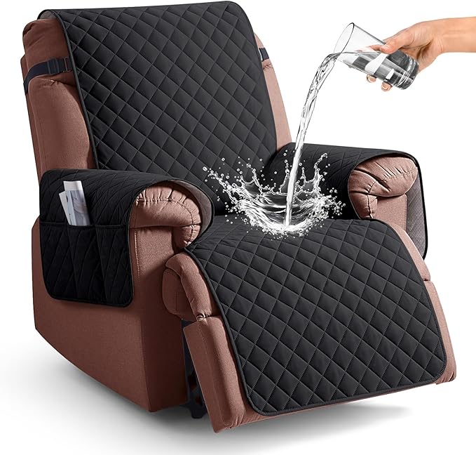 KinCam 100% Waterproof Recliner Chair Cover, Reclining Couch Covers for Pets, Dogs, Recliner Couch Slipcover Furniture Protector with Elastic Straps for Kids(25", Black)