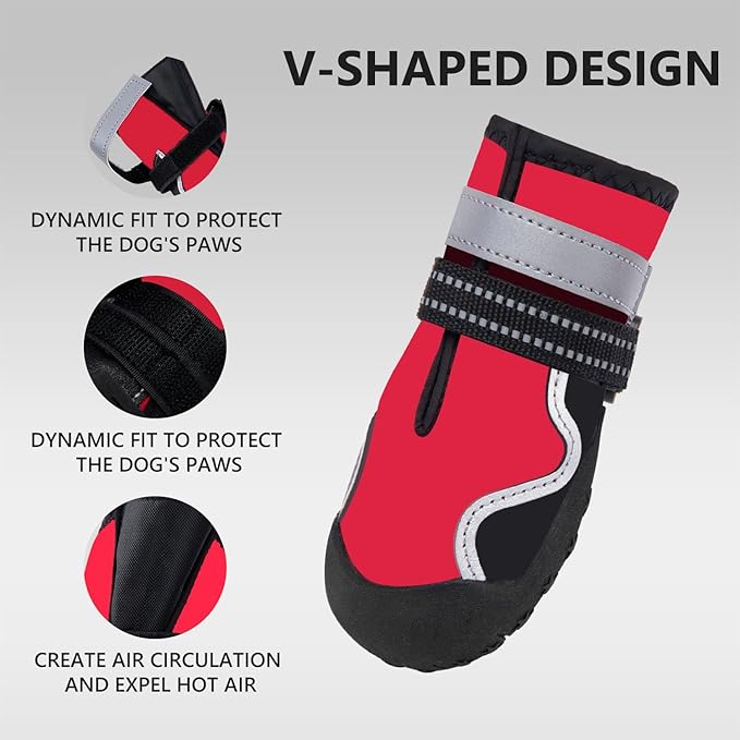 Dog Shoes Small Medium Large Size Dogs, Puppy Booties Paw Protector for Hot Pavement, Non-Slip Waterproof Rubber Reflective Strapped Boots (Red, Size 8#: (3.5 * 3.0) (L*W) for 74-88lbs)