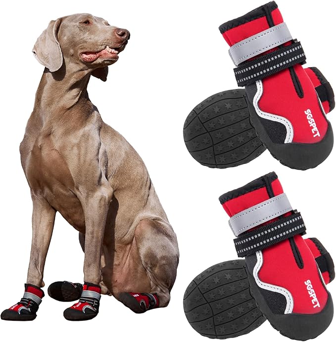 Dog Shoes, 4 PCS Dogs Booties Hot Pavement, Waterproof Non-Slip with Reflective Strips, Large Medium Small Puppy Paw Protector for Walking