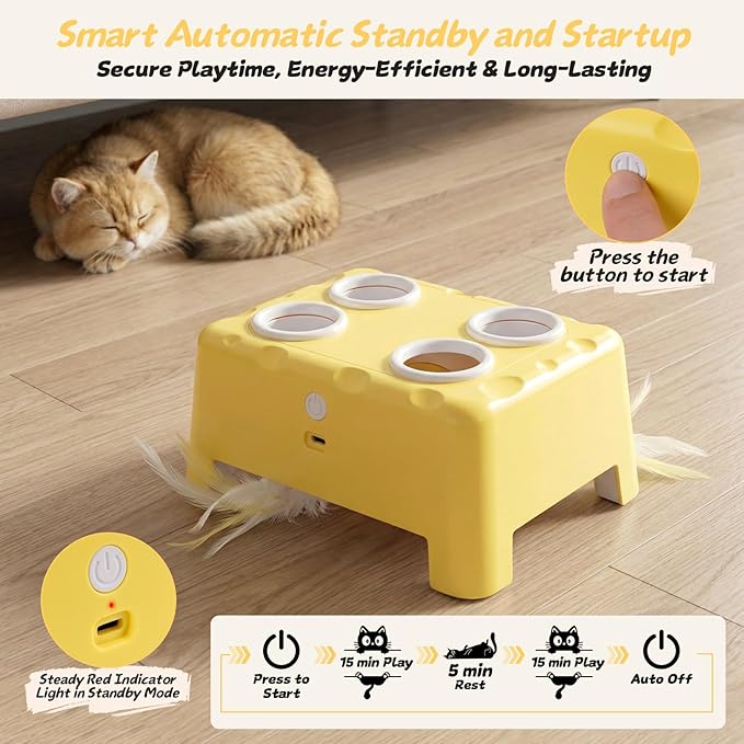 2-in-1 Cheese Box Shaped Interactive Cat Toys for Indoor Cats – 4-Hole Mole & Rotating Feather | USB Rechargeable Electronic Cat Toy for Bored Indoor Adult Cats & Kittens, Cat Whack a Mole Toy, Yellow