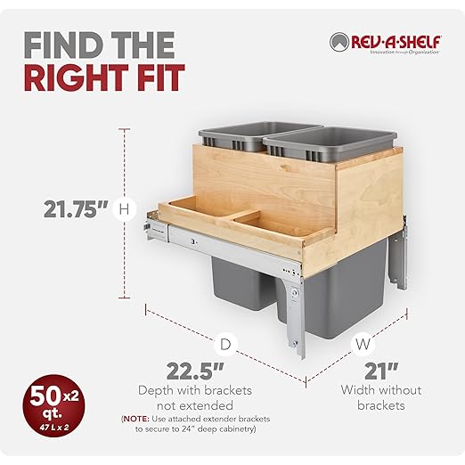 Rev-A-Shelf Top Mount Double Pullout Under Cabinet 50 Quart Kitchen Trash Cans w/ Soft-Close for Full Height Cabinet, 150 Pound Rated Full-Extension Slides, 4WCTM-2450BBSCDM-2