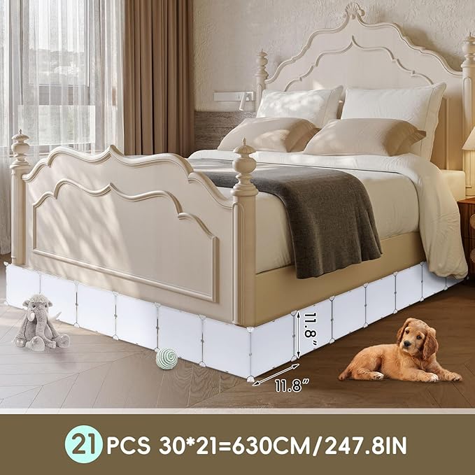 Under Bed Blocker for Pets 11.8" Height 248" Length in Total, Adjustable Bed Blockers to Keep Cats/Dogs Out from Under Beds Fit Queen, King Bed 3 Sides, Easy to Use, White