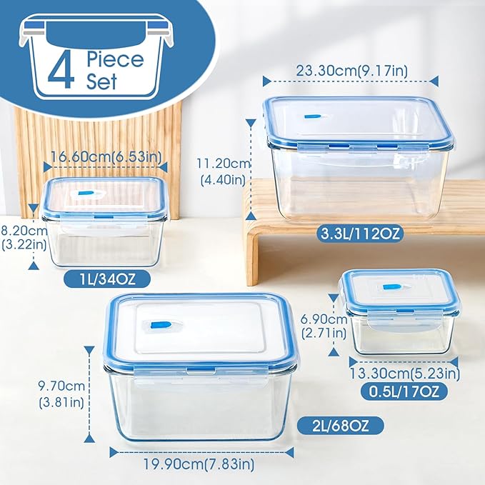 NUTRIUPS 17/34/68/112oz Square Large Glass Food Storage Containers with Lids,Glass Baking Dish & Meal Prep Containers with Lids,4-Piece Set